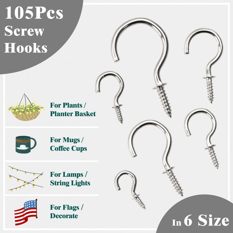 EIENHOSHI 105 Pcs Screw Hooks  6 Sizes Silver Cup Hooks  Screw Hooks for Hanging  Metal Cup Hooks Screw in (1/2""  5/8""  3/4""  7/8""  1''  1-1/4"") - Image 4